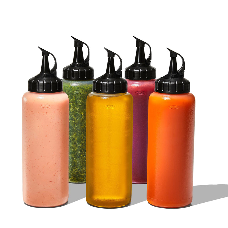Chef’s Squeeze Bottles – Set of 5 with One-Hand Snap Caps