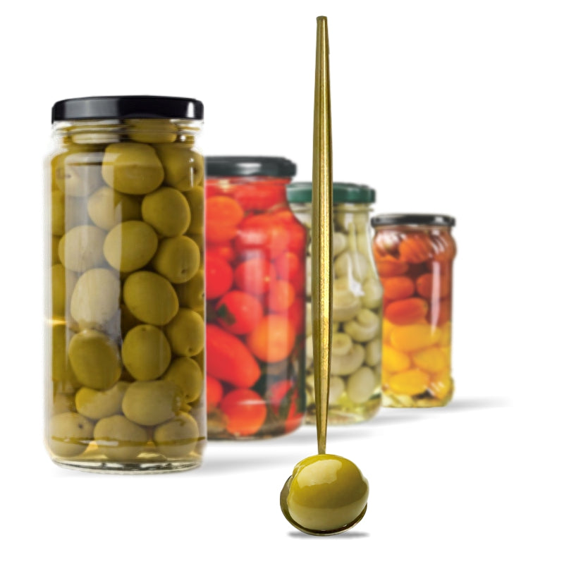 Jars of pickled vegetables with a ladle holding an olive on a white background