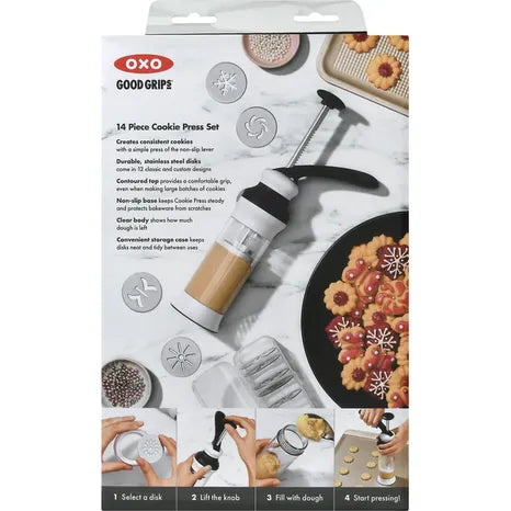 OXO Good Grips Cookie Press Set – 14-Piece with 12 Stainless Steel Disks